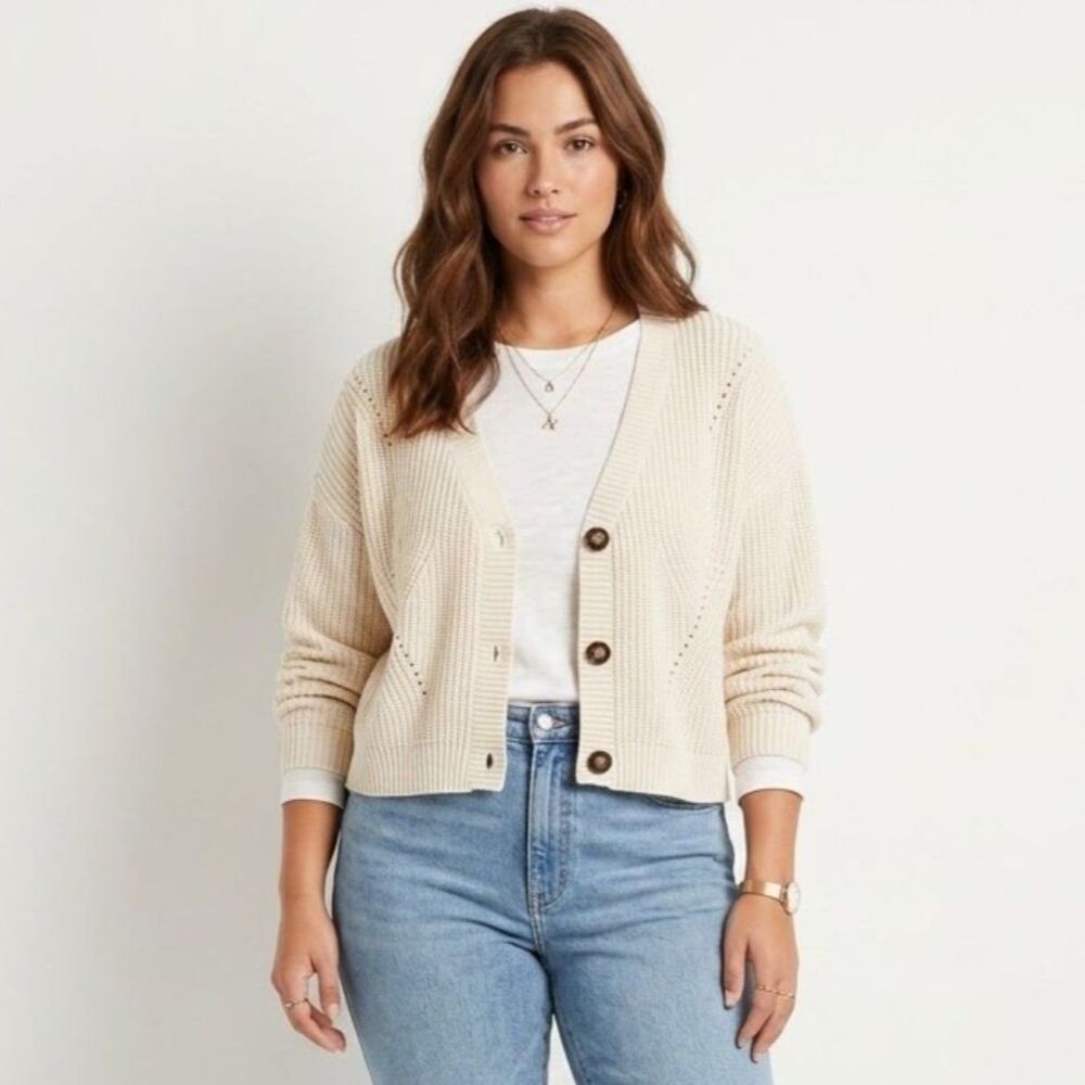 Ivy & Main Cream Pointelle Knit Cropped Cardigan Sweater Soft Girl Boho Chic XL